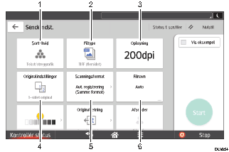 Nummereret illustration af skærmbilledet på betjeningspanelet