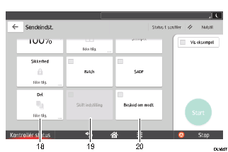 Nummereret illustration af skærmbilledet på betjeningspanelet