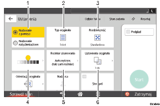 Ilustracja ekranu panela oznaczona numerowanymi odsyłaczami