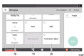 Ilustracja ekranu panela oznaczona numerowanymi odsyłaczami