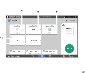 Ilustração numerada da tela do painel de operação