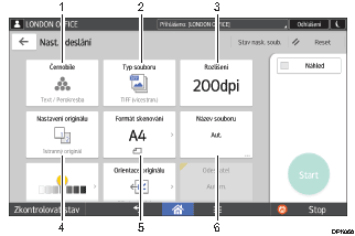 Číslovaná ilustrace ovládacího panelu zařízení