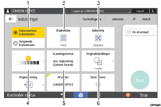 Nummereret illustration af skærmbilledet på betjeningspanelet