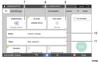 Nummereret illustration af skærmbilledet på betjeningspanelet