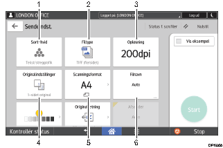 Nummereret illustration af skærmbilledet på betjeningspanelet