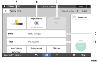 Nummereret illustration af skærmbilledet på betjeningspanelet