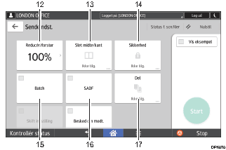 Nummereret illustration af skærmbilledet på betjeningspanelet