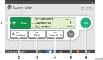 Ilustración con llamadas numeradas de la pantalla del panel de mandos