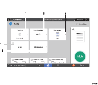 Ilustración con llamadas numeradas de la pantalla del panel de mandos