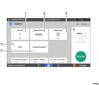 Genummerde afbeelding van het scherm van het bedieningspaneel