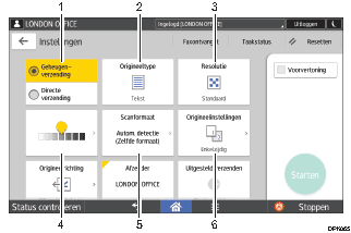 Genummerde afbeelding van het scherm van het bedieningspaneel
