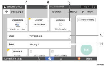 Illustrasjon av betjeningspanelet med nummererte bildetekster