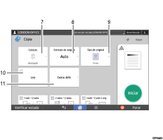 Ilustração com numeração do ecrã do painel de operação