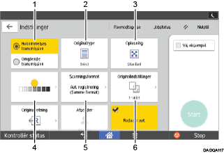 Nummereret illustration af skærmbilledet på betjeningspanelet