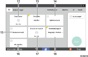 Nummereret illustration af skærmbilledet på betjeningspanelet