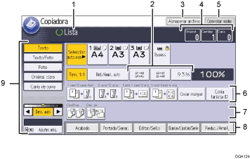 Ilustración con llamadas numeradas de la pantalla del panel de mandos