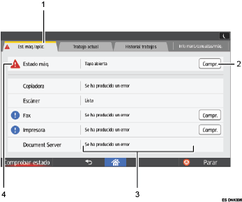 Ilustración con llamadas numeradas de la pantalla del panel de operaciones