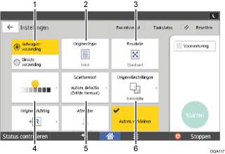 Genummerde afbeelding van het scherm van het bedieningspaneel