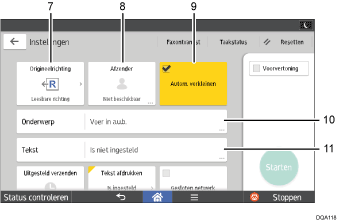 Genummerde afbeelding van het scherm van het bedieningspaneel