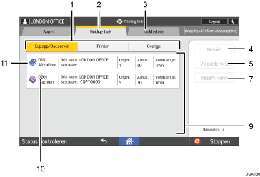 Genummerde afbeelding van het scherm van het bedieningspaneel