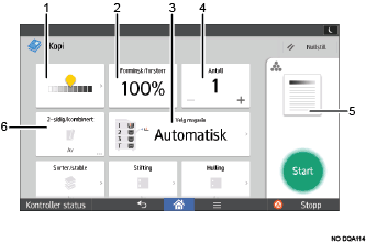Illustrasjon av betjeningspanelet med nummererte bildetekster