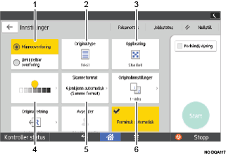 Illustrasjon av betjeningspanelet med nummererte bildetekster