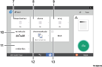 ภาพประกอบแสดงชื่อเรียกส่วนต่างๆ ของหน้าจอแผงการทำงานระบุตามหมายเลข