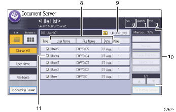 Nummereret illustration af skærmbilledet på betjeningspanelet