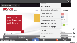 Ilustración con llamadas numeradas de la pantalla del panel de mandos