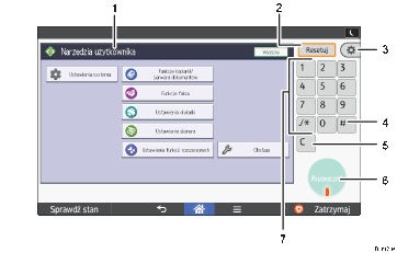 Ilustracja ekranu panela oznaczona numerowanymi odsyłaczami