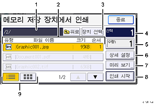 조작 패널 화면 그림(번호로 각 부분 표시)