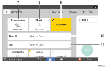 Číslovaná ilustrace ovládacího panelu zařízení