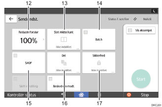 Nummereret illustration af skærmbilledet på betjeningspanelet