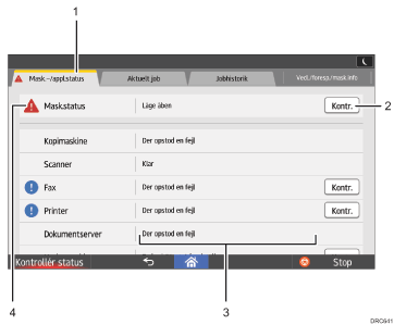 Nummereret illustration af betjeningspanelet