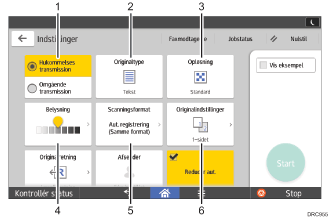 Nummereret illustration af skærmbilledet på betjeningspanelet