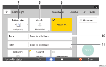 Nummereret illustration af skærmbilledet på betjeningspanelet