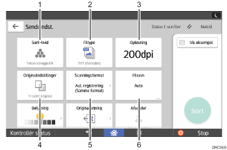 Nummereret illustration af skærmbilledet på betjeningspanelet