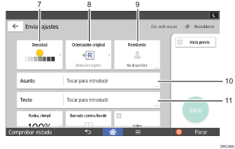 Ilustración con llamadas numeradas de la pantalla del panel de mandos