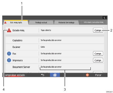 Ilustración con llamadas numeradas de la pantalla del panel de operaciones