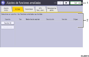 Ilustración con llamadas numeradas de la pantalla del panel de operaciones