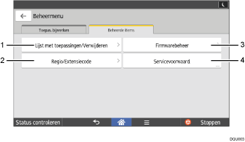 Genummerde afbeelding van het scherm van het bedieningspaneel