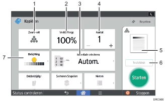 Genummerde afbeelding van het scherm van het bedieningspaneel