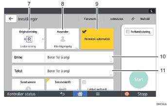 Illustrasjon av betjeningspanelet med nummererte bildetekster