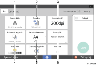 Ilustracja ekranu panela oznaczona numerowanymi odsyłaczami