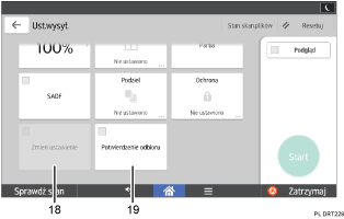 Ilustracja ekranu panela oznaczona numerowanymi odsyłaczami