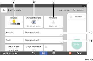 Ilustração numerada da tela do painel de operação