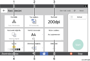 Číslovaná ilustrace ovládacího panelu zařízení