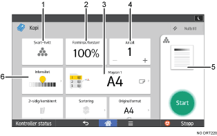 Illustrasjon av betjeningspanelet med nummererte bildetekster