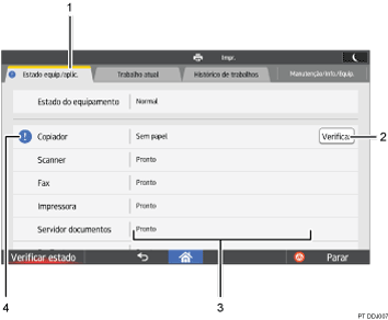 Ilustração com numeração do ecrã do painel de operação