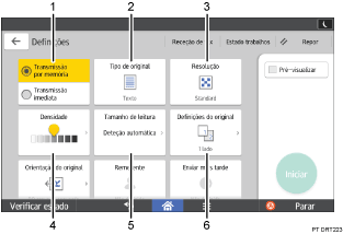Ilustração com numeração do ecrã do painel de operação